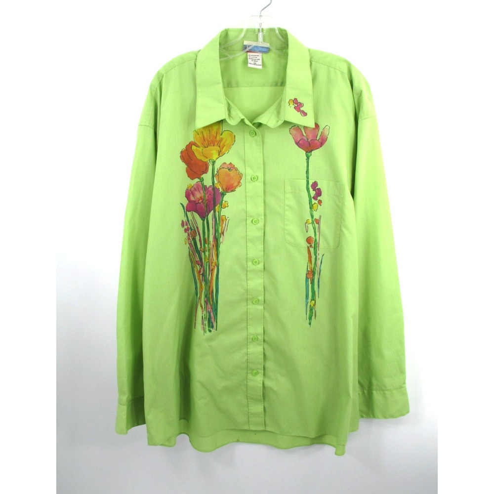 Las Olas Green Floral Watercolor Button Up Shirt Blouse Women 2X Artsy Vintage